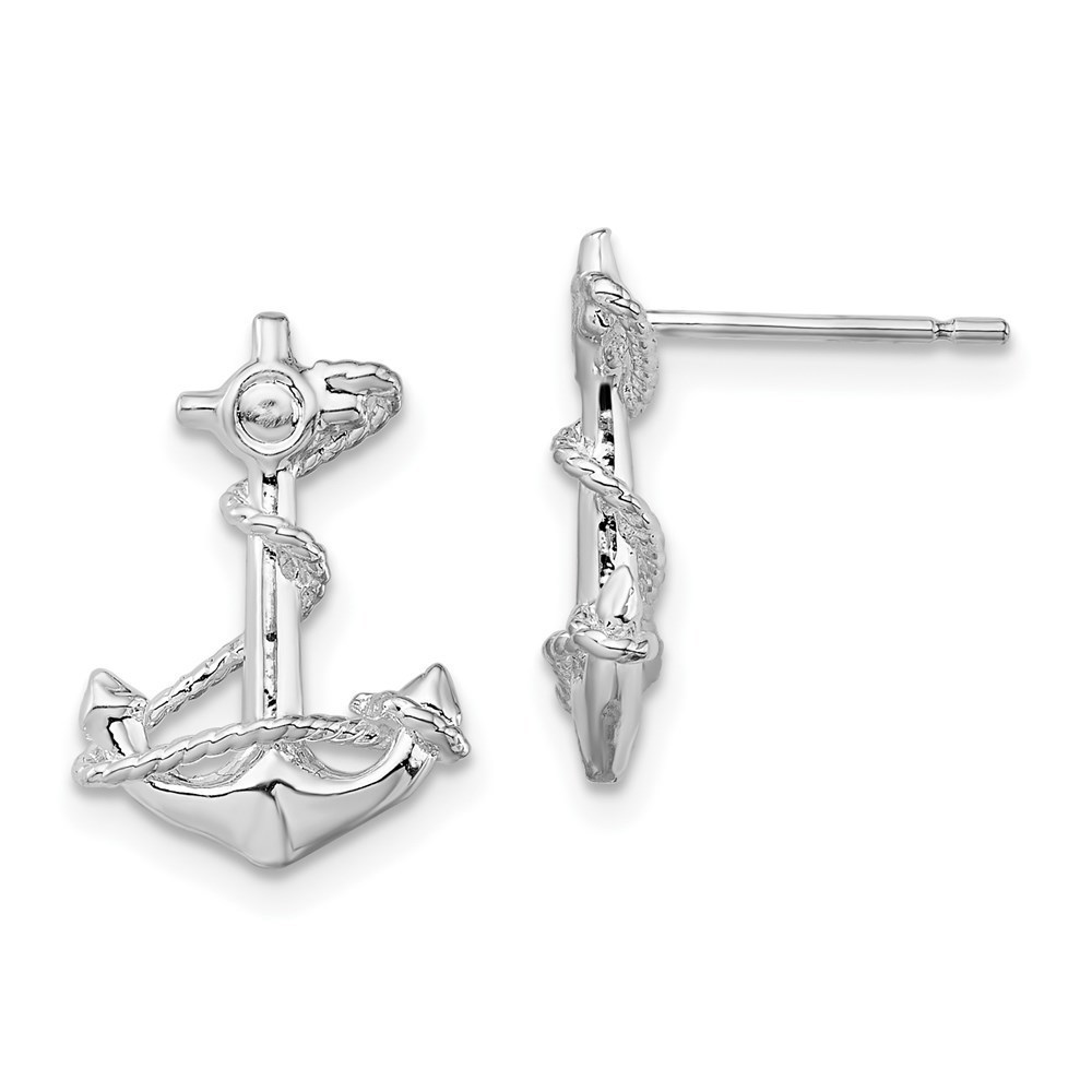 925 Sterling Silver Nautical Rhodium-plated Anchor with Rope Post Earrings